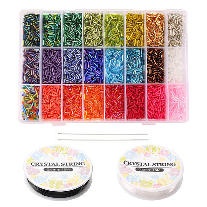 24 Colors 9600Pcs Transparent Colours Rainbow Glass Bugle Beads with 2 Rolls Elastic Crystal Thread and Steel Beading Needles DIY-YW0001-98-1