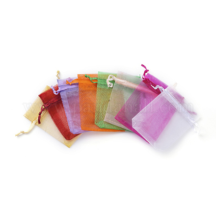 ソリッドカラーオーガンジーバッグ巾着袋  巾着ギフトバッグ  高密度  長方形  ミックスカラー  9x7cm  8色  5個/カラー  40個/セット。 OP-X0001-07-1