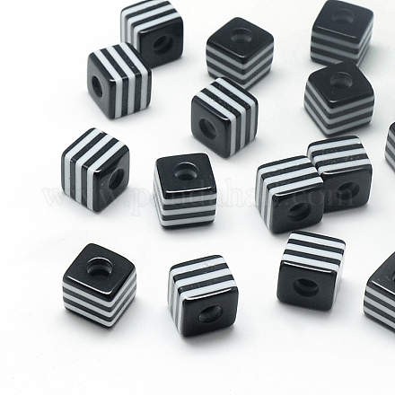 オペーク縞柄樹脂ビーズ  キューブ  ブラック  10x10x10mm  穴：4mm X-RESI-S342-10x10-01-1