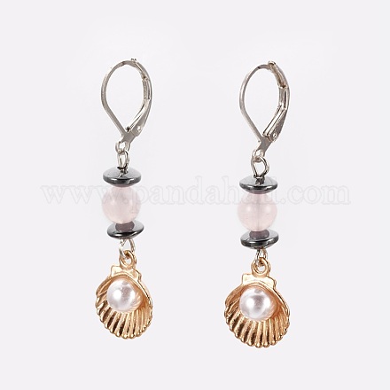 Natural Rose Quartz and Non-Magnetic Synthetic Hematite Leverback Earrings EJEW-JE02818-05-1