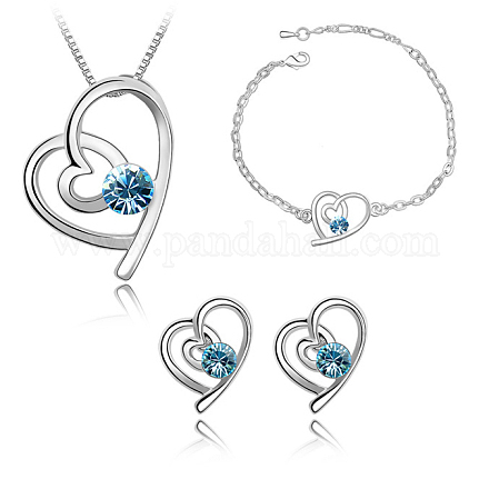 Real 18K Platinum Plated Alloy Rhinestone Heart Jewelry Sets SJEW-DD0002-015C-1