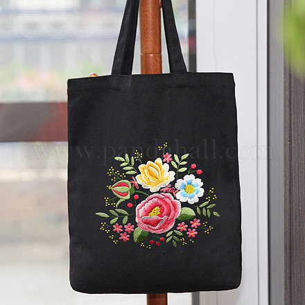 DIY-Stickset für Einkaufstaschen aus schwarzem Segeltuch mit Blumenmuster PW23041850323-1