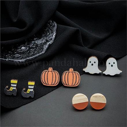 Set di orecchini a bottone in legno con zucca di Halloween e stivali fantasma EJEW-OY002-05-1