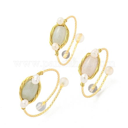 Ovaler Manschettenring aus geflochtenen Perlen aus natürlichem weißem Achat und Jade RJEW-H220-45G-1