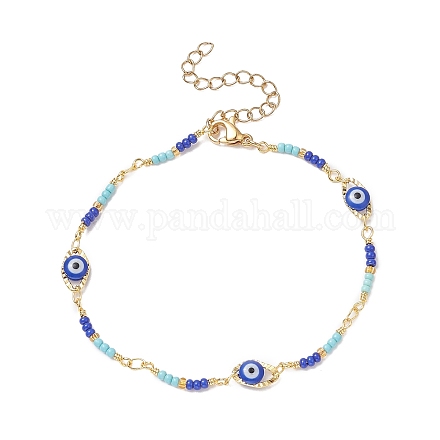 Bracelet chaîne à maillons mauvais œil en laiton avec perles de verre pour femme BJEW-JB09385-1