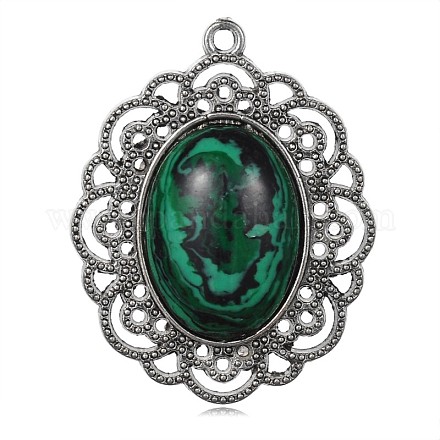 Oval Flower Antique Silver Plated Alloy Synthetic Malachite Pendants PALLOY-F081-01AS-1