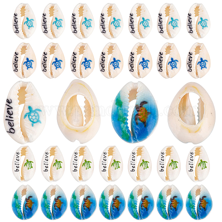 SUNNYCLUE 1 Box 40Pcs 2 Style Sea Turtle Printed Cowrie Shell Beads No Hole Believe Pattern Spiral Seashells Oval Ocean Beach Charms for Earring Necklace Bracelet Jewellery Making Home Decoration SHEL-SC0001-21-1