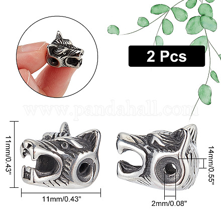 UNICRAFTABLE 2pcs 304 Stainless Steel Beads Antique Silver Wolf Head Charms Beads 2mm Hole Animal Head Connector Spacer Beads Metal Loose Beads for Jewelry Making 14x11x11mm STAS-UN0001-18AS-1