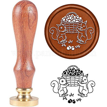 SUPERDANT 30mm Wax Seal Stamp Autumn Theme Sealing Stamp Squirrel Pine Cones Pattern Wooden Handle Brass Head Stamp for Envelopes Invitations Cards AJEW-WH0184-0403-1