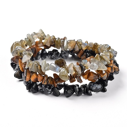 Chips naturelles labradorite et flocon de neige obsidienne et oeil de tigre ensembles de bracelets extensibles perlés BJEW-JB05332-05-1