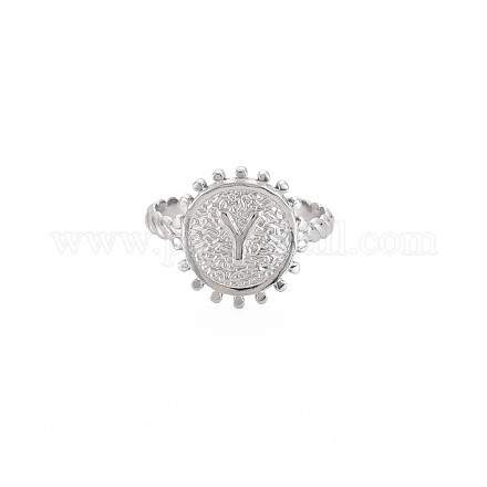 304 anillo redondo plano de acero inoxidable con letra inicial abierta para hombres y mujeres RJEW-S405-246P-Y-1