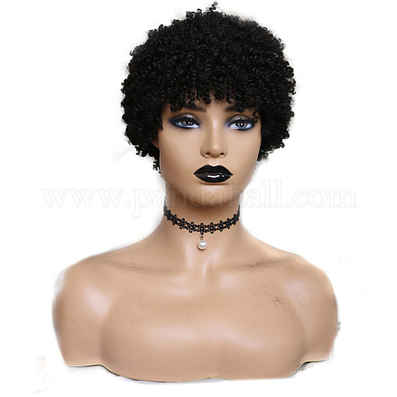 女性のためのアフロの短い巻き毛のかつら  前髪付き合成かつら  耐熱高温繊維  ブラック  11インチ（28cm） OHAR-E017-02-1
