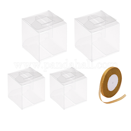 折り畳み式の透明なペットボックス  結婚披露宴のベビーシャワーの荷箱のため  ポリエステルオーガンジーリボン付き  透明  完成品：5~8x5~8x5~8cm CON-SZ0001-09-1