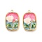 304 Stainless Steel Enamel Pendants, with Resin and ABS Imitation Pearl, Rectangle with Flower, Ion Plating(IP), Real 18K Gold Plated, Cerise, 23.5x15.5x6mm, Hole: 1.6mm