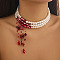 Retro Gothic Acrylic and Imitation Pearl Bloody Round Beaded Milti-strand Choker Necklaces for Women, with Rhinestone Tassel, Dark Red, 12.60 inch(32cm)