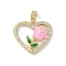 Rack Plating Brass Pendant, with Enamel & Cubic Zirconia, Lead Free & Cadmium Free, Long-Lasting Plated, Heart & Flower, Pearl Pink, 17x18x4mm, Hole: 5x3mm