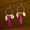 Ring with Leaf Zinc Alloy Acrylic Dangle Earrings, with Feather & Natural Shell, Bohemian Style, Golden, Magenta, 90x30mm