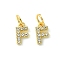 Rack Plating Alloy Rhinestone Pendants, Cadmium Free & Lead Free, Letter F, 11x6x2mm, Hole: 5mm