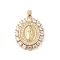Brass Cubic Zirconia Pendants, Long-Lasting Plated, Oval with Holy Virgin Charms, Golden, Clear, 31x26x5mm, Hole: 6x3mm
