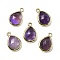 Natural Amethyst Faceted Pendants, Rack Plating Golden Plated Brass Teardrop Charms, 14x9.5x4mm, Hole: 1.4mm