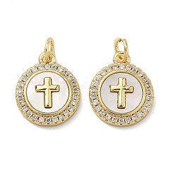 Ottone micro spianare pendenti zirconi, con guscio e anello di salto, vero placcato oro 16k, croce, 15x12.5x3mm, Foro: 3.5 mm