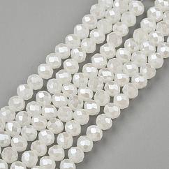 Abalorios de vidrio electroplate hebras, cuentas de jade de imitación, lustre de la perla chapado, facetados, rerondana plana, blanco cremoso, 2.9~3.3x2mm, agujero: 0.8 mm, aproximamente 135~140 pcs / cadena, 32~34 cm