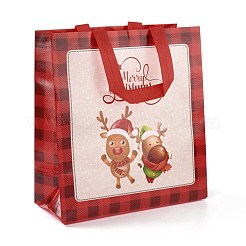 クリスマステーマラミネート不織布防水バッグ  ヘビーデューティストレージ再利用可能なショッピングバッグ  ハンドル付き長方形  ファイヤーブリック  鹿の模様  26.2x22x28.8cm&nbsp;ABAG-B005-02B-04