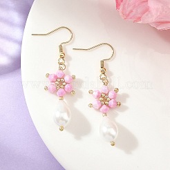 Pendientes colgantes con perlas bicónicas de vidrio galvanizado anti-deslustre y forma de lágrima.&nbsp;EJEW-MZ00765