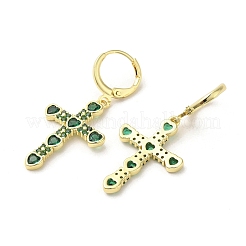 クロス リアル 18K ゴールド メッキ ブラス ダングル レバーバック イヤリング  キュービックジルコニアとガラスと  グリーン  39x17.5mm&nbsp;EJEW-L268-036G-01