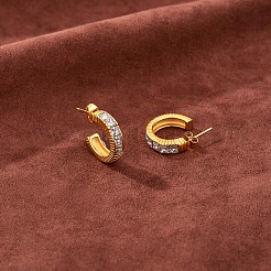 クリアキュービックジルコニアC字型スタッドピアス  430ステンレススチール製ハーフフープピアス（女性用）  ゴールドカラー  21x5mm&nbsp;JE939A
