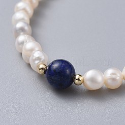 ストレッチグレードの天然淡水パールブレスレット  天然ラピスラズリ(染め)ビーズと真鍮ビーズを使用  2インチ（5.1cm）&nbsp;BJEW-JB04623-02