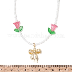 合金製リボンペンダント、チューリップの花、ガラスシードビーズネックレス（女性用）  ゴールドカラー  サクランボ色  16.02インチ（40.7cm）&nbsp;NJEW-MZ00148-02