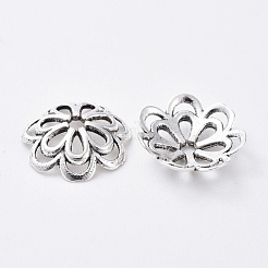 合金ファンシービーズキャップ  カドミウムフリー＆鉛フリー  花  アンティークシルバー  14x4mm  穴：2mm&nbsp;X-PALLOY-00791-AS-RS
