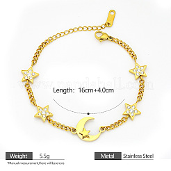 Bracciale da donna in acciaio inossidabile 304 con maglie a forma di luna e stella e zirconi cubici trasparenti micro pavé.&nbsp;WG7AA7B-02