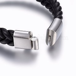 レザー編み込みコードブレスレット  304ステンレススチール製マグネット留め具  長方形  ブラック  8-5/8インチ（22cm）  13x6mm&nbsp;BJEW-E345-14A-P