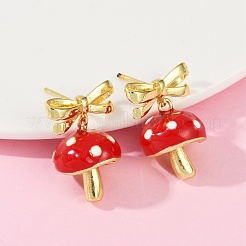 Серьги-гвоздики с подвесками из латунной эмали в виде гриба с бантом EJEW-F895-25B-G