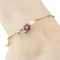 Fußkettchen aus Edelstahl 304 mit natürlicher Rubinperle und Blumenmuster für Damen&nbsp;AJEW-AN00854