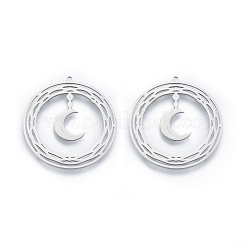 変色しない201ステンレススチールペンダント  月とリング  ステンレス鋼色  33.5x31.5x1mm  穴：1.6mm&nbsp;STAS-N090-LA913-1-1