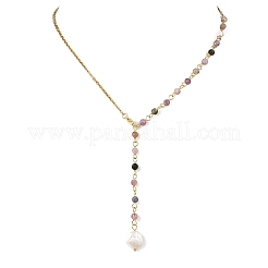 Collane a catena lariat con perline rotonde sfaccettate di tormalina multicolore naturale multicolore in acciaio inossidabile 304&nbsp;NJEW-JN06588