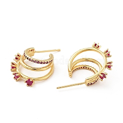 キュービックジルコニアのC型スタッドピアス  本物の 18k ゴールド メッキ 真鍮 チャンキー ハーフ フープ イヤリング 女性用  カドミウムフリー＆ニッケルフリー＆鉛フリー  フクシア  19x18x6mm  ピン：0.8mm&nbsp;EJEW-G297-25G-03