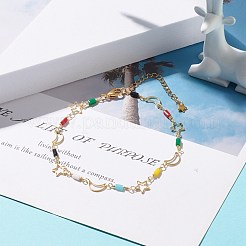 Cavigliera in ottone con catena a maglie a stella e luna con perle di vetro da donna&nbsp;AJEW-AN00478