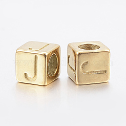 304 ステンレススチール 大きな穴文字 ヨーロッパ ビーズ  水平穴  文字.j付きのキューブ  ゴールドカラー  8x8x8mm  穴：5mm&nbsp;STAS-H428-01G-J