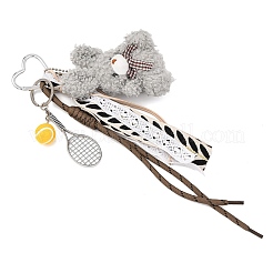 Подвеска в виде теннисной ракетки из полиэфирной веревки и сплава и плюшевого кролика&nbsp;HJEW-JM04385-03