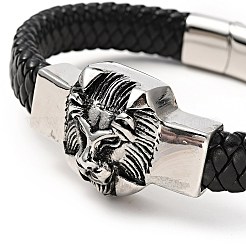 304ステンレススチールライオンビーズブレスレット  男性の女性のための pu 模造革編組ゴシック ブレスレット  アンティークシルバー  8-3/4インチ（22.1cm）&nbsp;BJEW-E009-07AS
