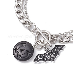 Комплект браслетов из нержавеющей стали 304 с подвесками в виде летучей мыши из сплава эмали и тыквы из окрашенной синтетической бирюзы на Хэллоуин BJEW-JB12446-03
