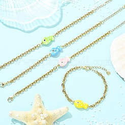 手作りの磁器ビーズリンクのブレスレット  女性用304ステンレススチールアズキチェーンブレスレット  魚  18KGP本金メッキ  ミックスカラー  7.32インチ（18.6cm）&nbsp;BJEW-JB13676