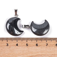 天然な黒の石のペンダント  201ステンレススチールスナップオンベイル付きムーンチャーム  ステンレス鋼色  23~25x17~18x7~7.5mm  穴：6x3mm&nbsp;G-Q172-06A-P