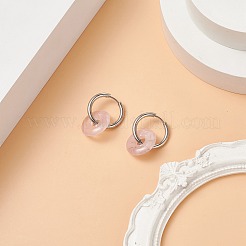 ナチュラル ローズ クオーツ パイ ディスク/ドーナツ ダングル フープ イヤリング  女性用304ステンレスジュエリー  29.5mm  ピン：1mm&nbsp;EJEW-JE05132-04