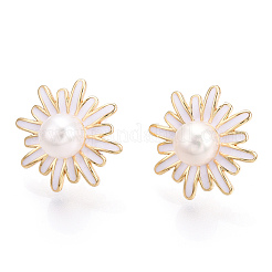Серьги-гвоздики с натуральным жемчугом и эмалью в виде цветка ромашки PEAR-N020-07G