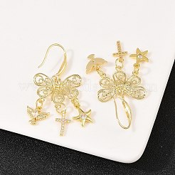 Серьги-подвески из латуни с прозрачными кубическими циркониями и крестом в виде птицы и морской звезды.&nbsp;EJEW-H182-01G